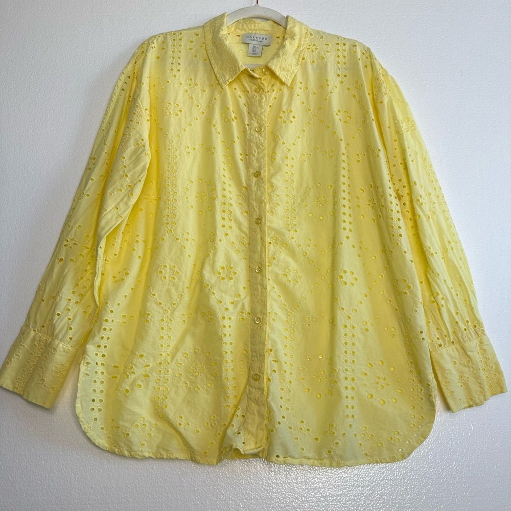 Calypso St. Barth Yellow Eyelet Embroidered Cotton Button Down Shirt Size L
